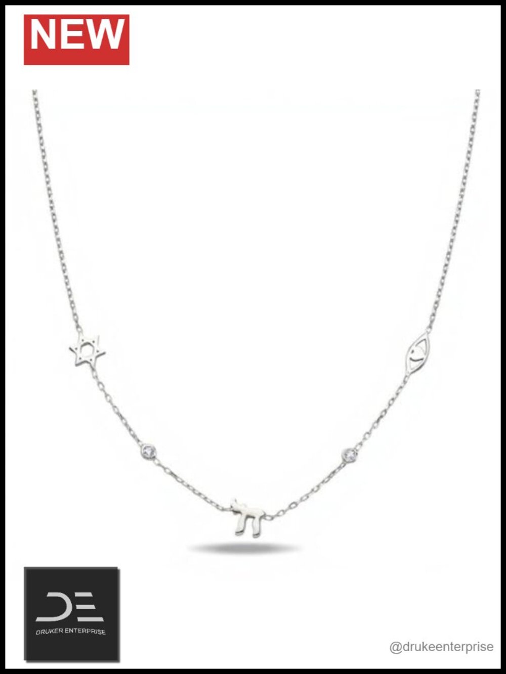 Sterling Silver Jewish Charm Necklace with CZ Stones Star of David Chai Evil